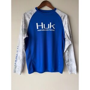 Huk Performance Fishing Shirt Mens Small Blue Long Sleeve Camo Raglan Sun Top